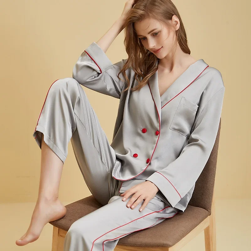 Solid Color Ice Silk Pajamas Women\'s Spring and Summer New High-end Ice Silk Satin Home Clothes Long-sleeved Thin Suit