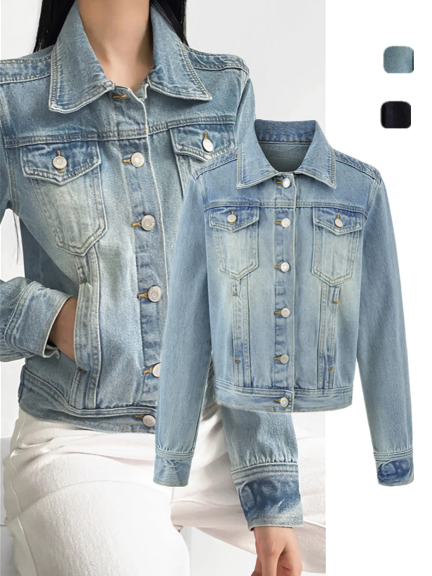 

Retro American Waed Jeans Outerwear Slim Fit Loose Single Button Jaet Workwear Sle Versatile Long Sve Women's Coat