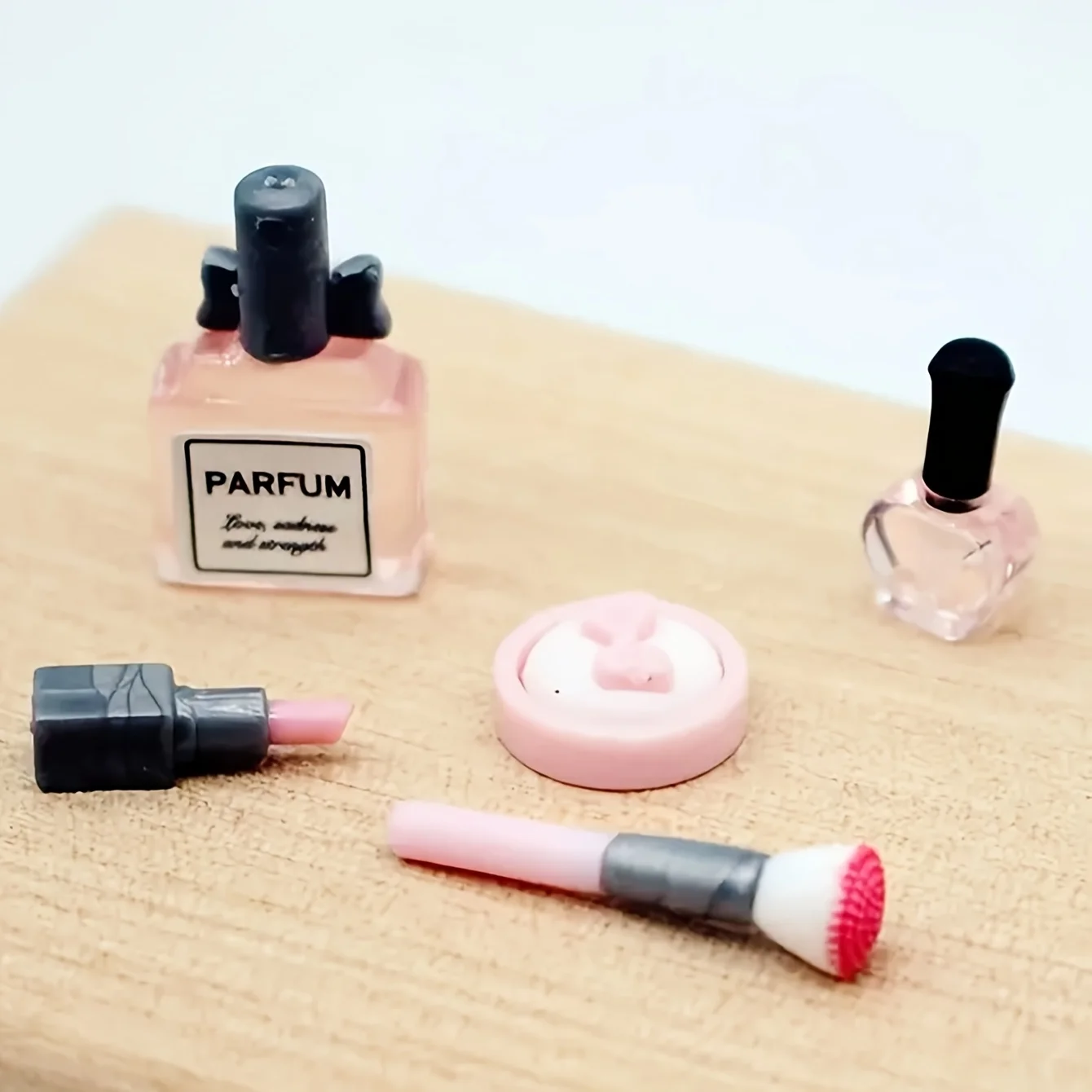 5pcs Dollhouse Miniature Makeup, 1/12 Mini Lipstick, Perfume  Powder Puff Nail Polish, Makeup Brush Models Suitable for Christma view 3