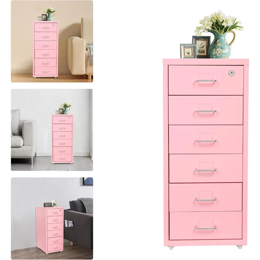 خزانة ملفات ذات 6 أدراج مع قفل، خزانة ملفات عمودية معدنية مع 4 عجلات، منظم تخزين مجلدات المكتب المنزلي العمودي لـ A4