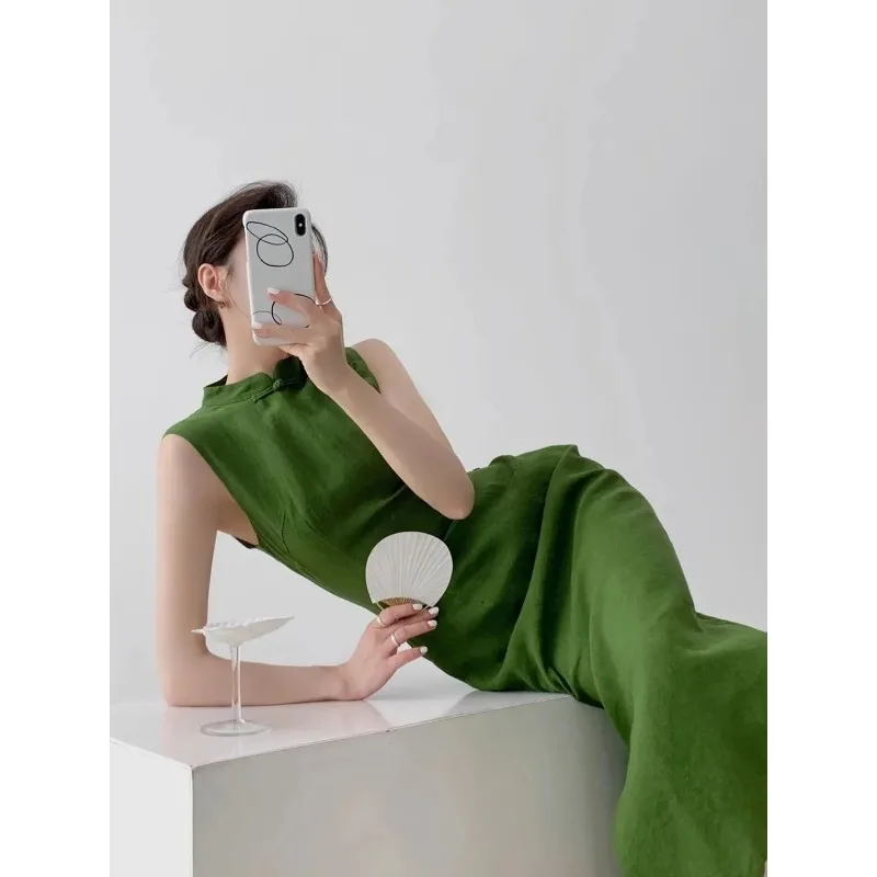 

New Chinese temperament sleeveless cheongsam female retro literary fan waist split slim daily improvement dress