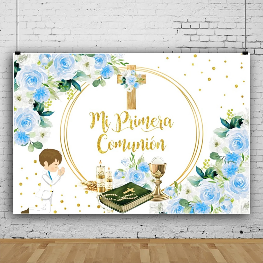 Laeacco Mi Primera Comunion Backdrop Blue Floral God Bless Baptism Mi Bautizo Party Decor Boy Portrait Photography Background