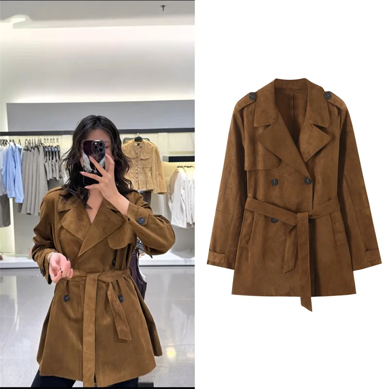 Guobioziy Women's Top 2026 Spring and Autumn New Fashionable Versatile Long-Sleeve Collared Belted Suede Vintage Coat