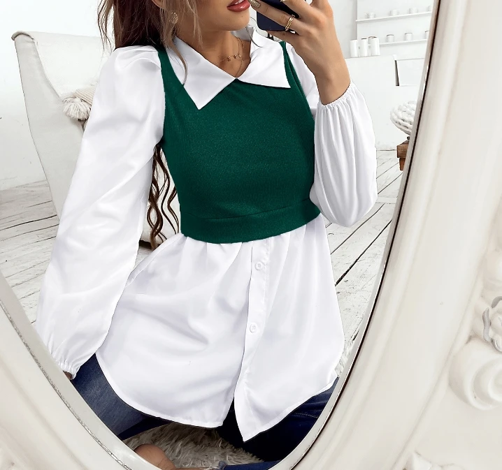 Shenzhen Eastern Girls 2024 Temperament Commuting Vacation Two Piece Collar Long Sleeved Button Up Shirt T-Shirt In Stock