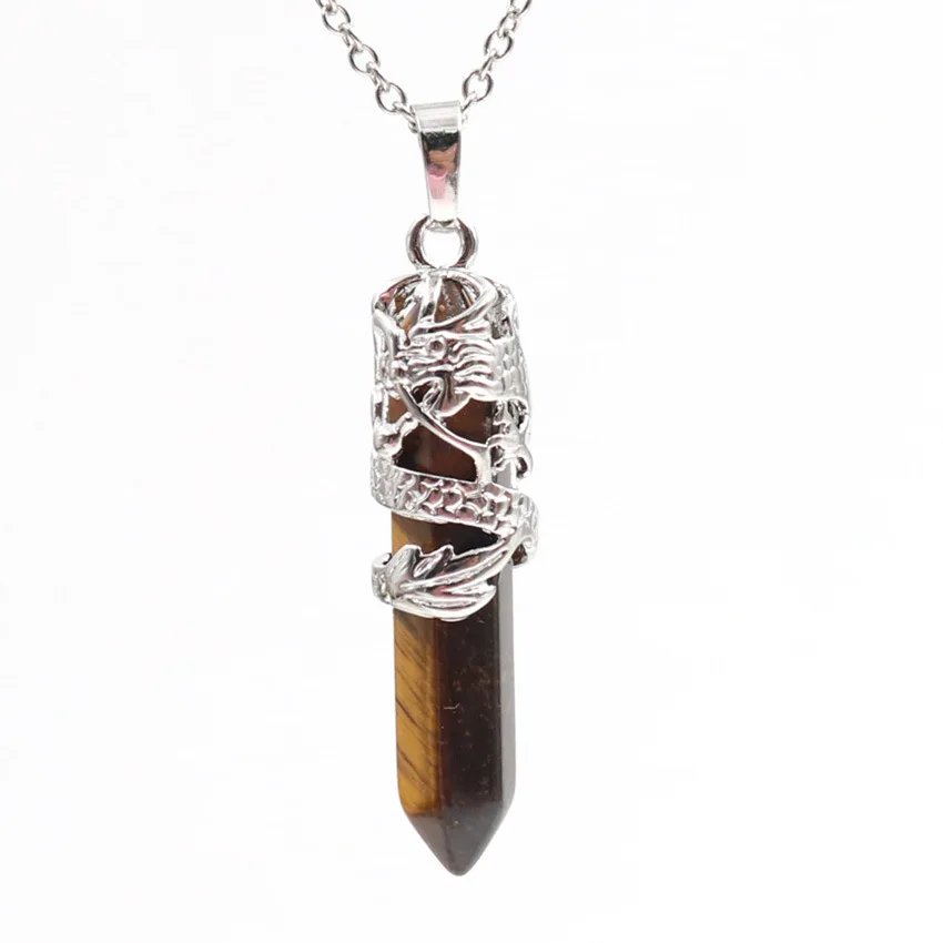 Dragon Wrapped Cylinder Top Necklaces Pendants Natural Gem Stone Lovers Gifts Reiki Healing Amulet Jewelry DIY Suspension Charms