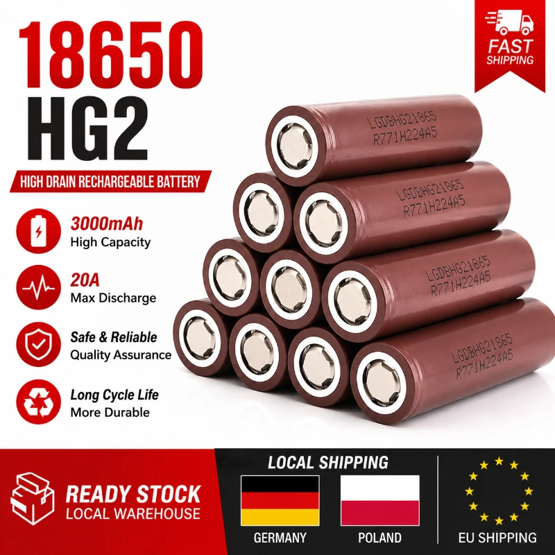 Batterie rechargeable Li-ion 18650 3.7V 3000mAh 20A à tête plate, remplacement pour HG2, pour drone de course RC, meuleuse d'angle portable, pack de batterie pour outils électriques, DIY, livraison rapide UE, longue durée de vie