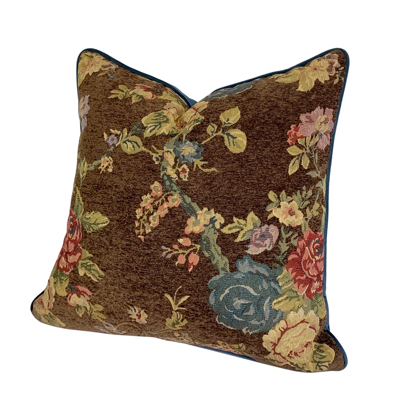 Hinyeatex Vintage Heavy Pillow Case Floral Brown Blue Plant Soft Chenille Velvet Cushion Cover 18x18 \