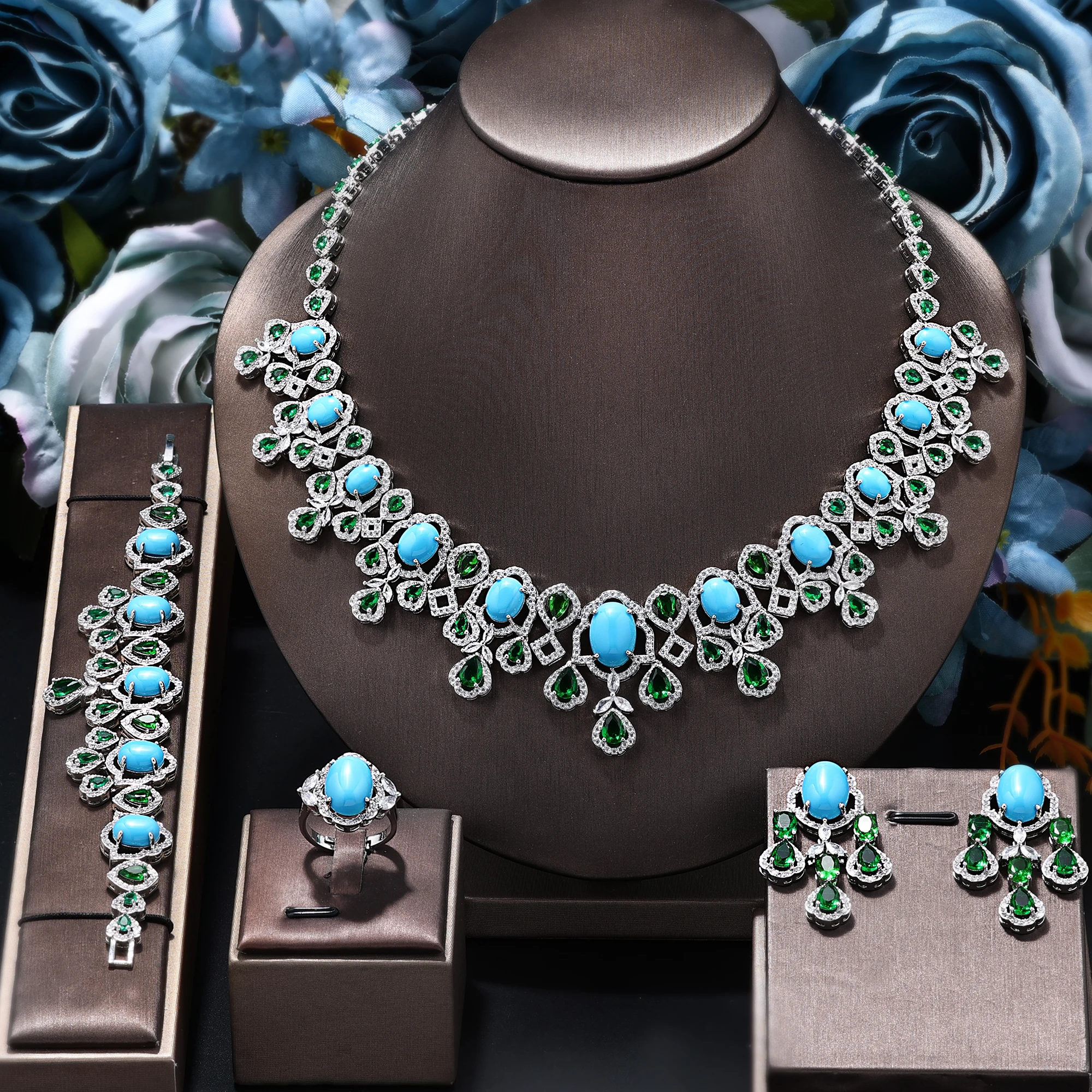 

Luxury 4pcs Bridal Wedding Jewelry Sets Women Turquoise Cubic Zirconia Tassel Necklace Earrings Sets 4 Pieces