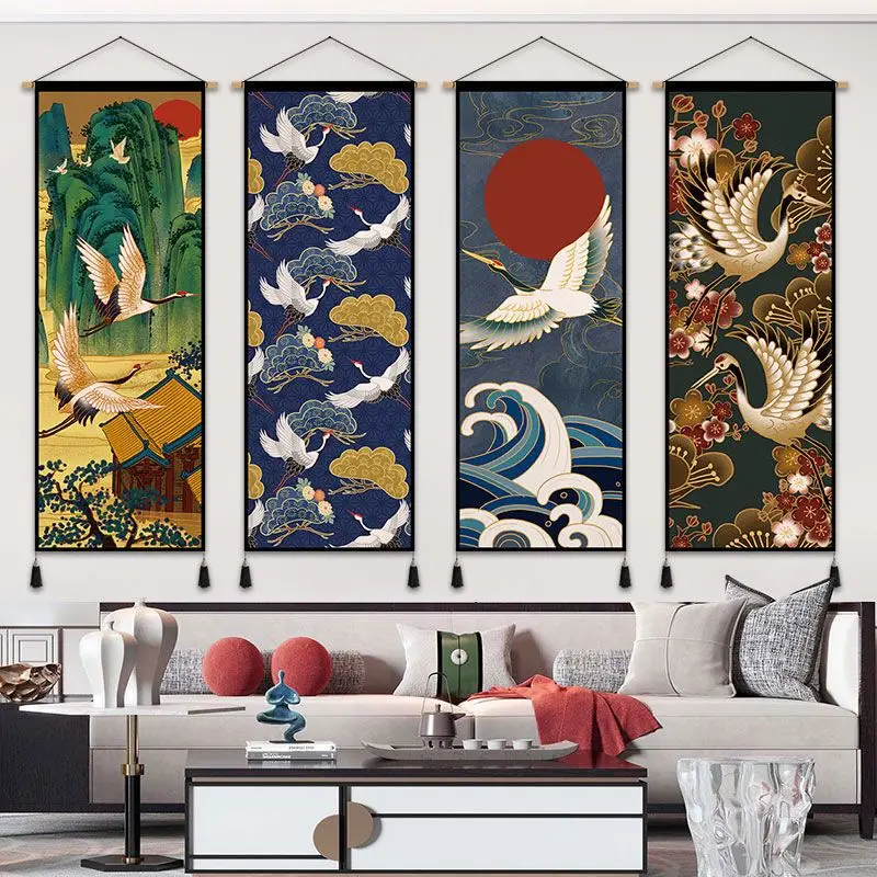 Japanese Crane Wafu Tapestry Wall Hanging- Cotton Linen Electric Box Cover for Izakaya