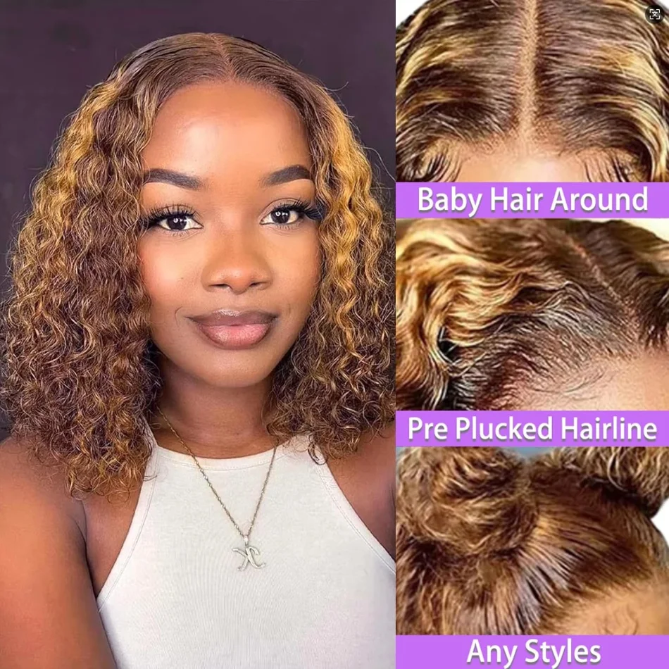Highlight Short Bob Deep Wave Wig Human Hair P4/27 Colored Ombre 5x5 HD Lace Frontal Wigs Pre Plucked With Baby Hair Natural Hairline For Women view 4