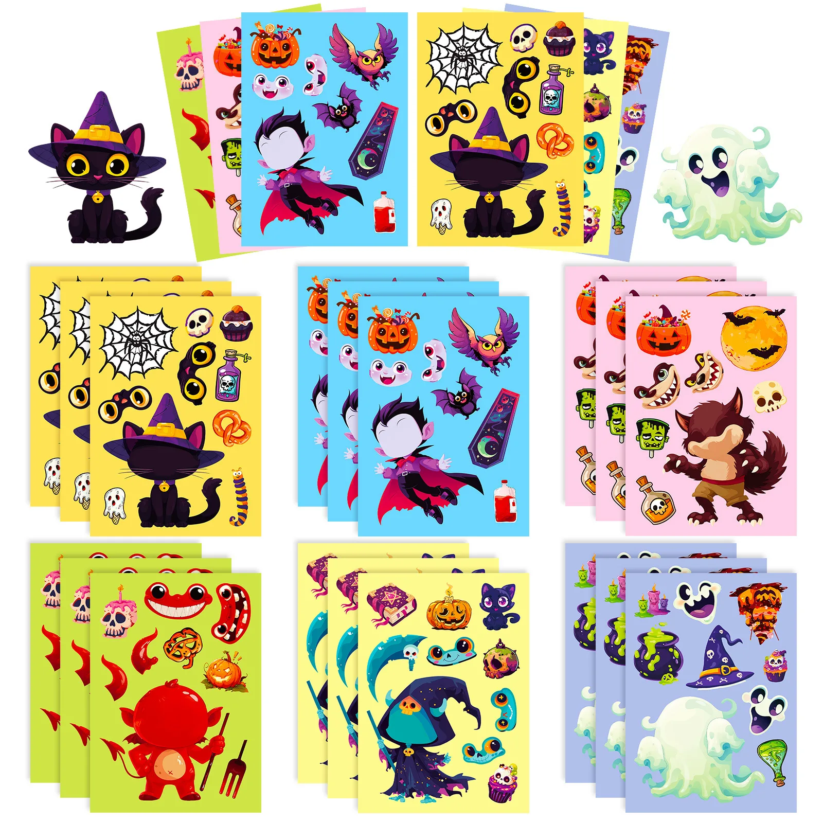 6Sheets Halloween DIY Puzzle Sticker Games 6 Black Cats Vampire Make A Face Funny Assemble Jigsaw Stickers Kids Educational Toys