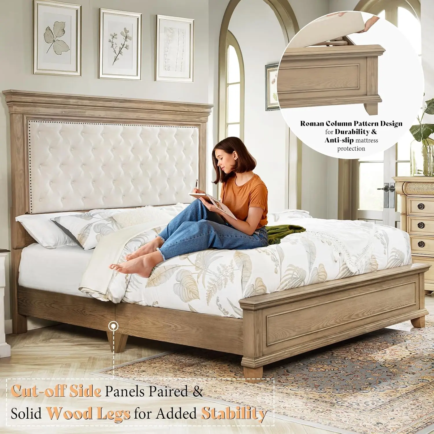 Solid Wood King Size Bed Frame with 68" Upholstered Headboard, Custom view 3