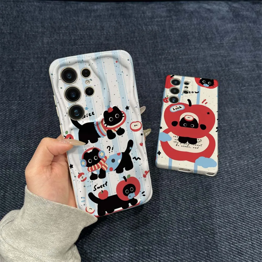 

Cartoon Apple Cat Art Phone Case For Samsung Galaxy S21 S23 S24 S25 S26 FE Lite Plus Ultra 5G Wave Oil Film