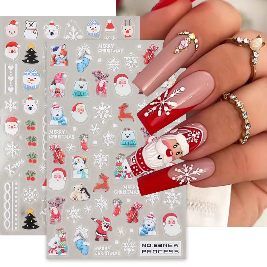 

5D Santa Claus Embossed Nail Stickers Christmas Series Nail Art Supplies Elk Christmas Tree Nail Art Decals Press on Nails