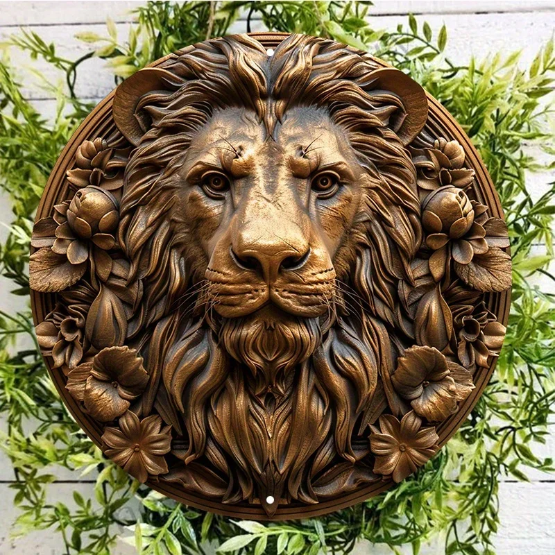 Round Waterproof Aluminum Metal Sign, Weather-Resistant Outdoor Wall Decor, Textured Lion Sculpture, Home Decoration, High-Qua