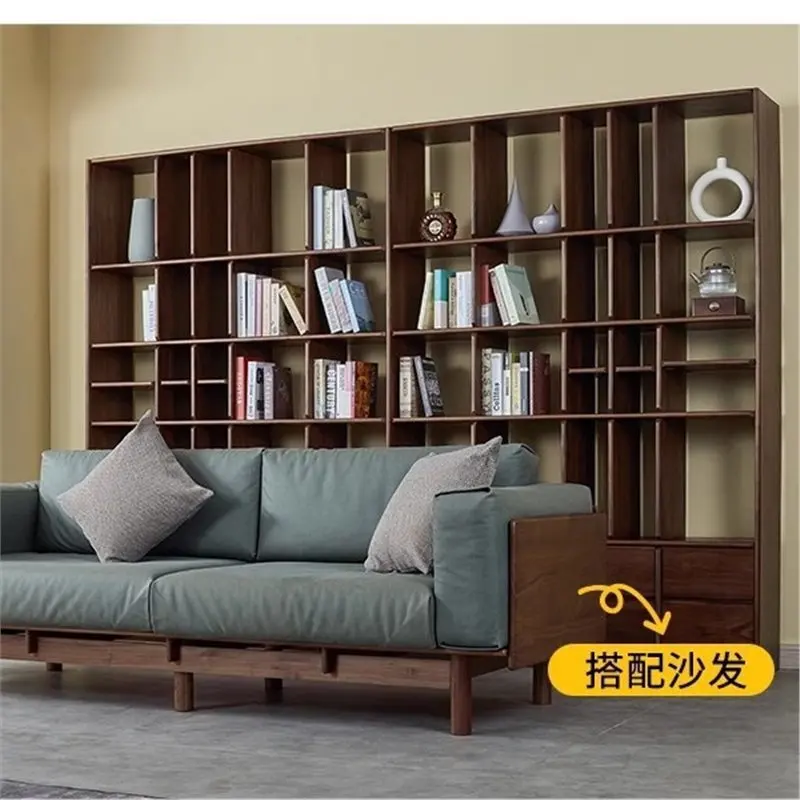 Simple, North American black walnut floor-to-ceiling bookshelf, Nordic solid wood whole-wall bookcase, living room storage dis