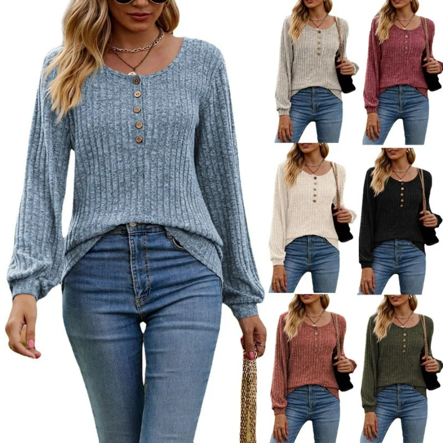 

2024 Women's Round Neck T-Shirts Pit Strip Brushed Suede Solid Color Button Stitching Long Sleeve T-Shirt Lantern Sleeves Tops.