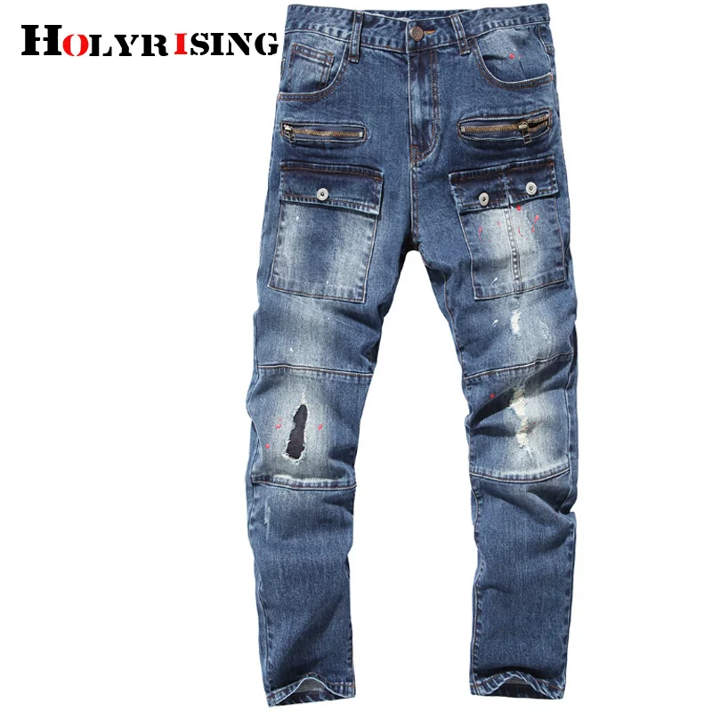 

Holyrising Hole men's jeans 100% cotton denim trousers multi-pocket jean pant s 2024 Fashion New 18853-5