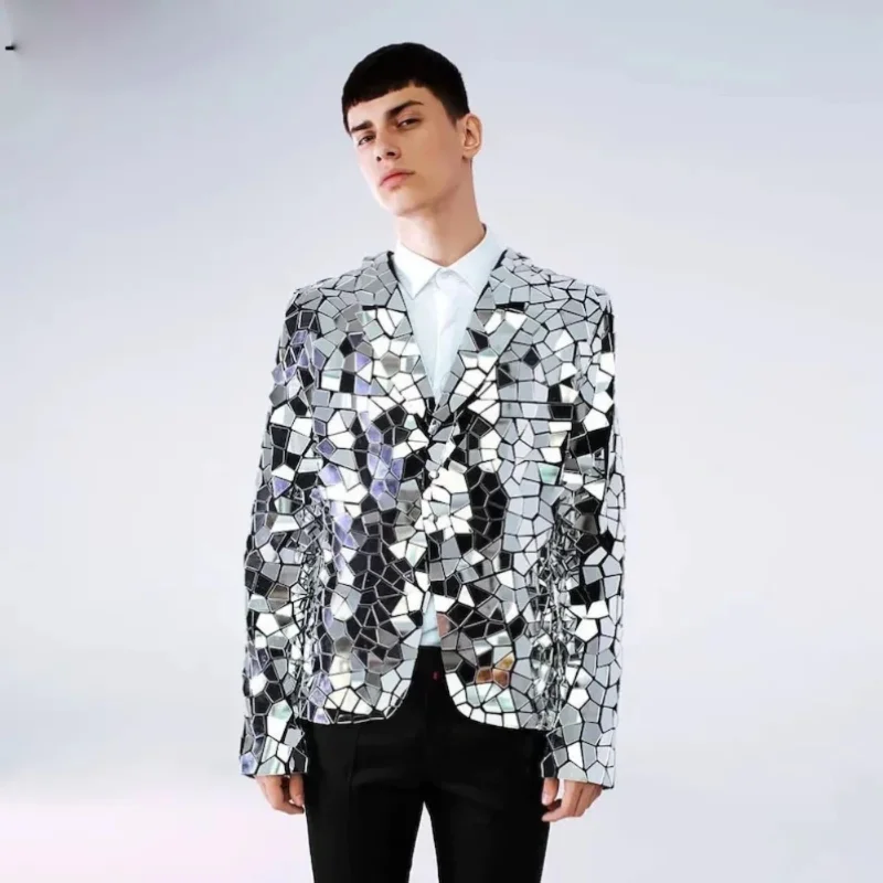 S-6XL Male Mirror Jacket Celebrate Silver Glass Men Performance Costume Shiny V-Neck Diamond  Suit Coat Star Blazers Party Show