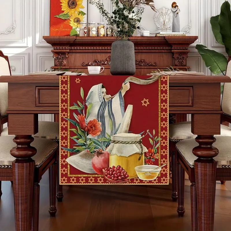 VIKAMA Jewish New Year Table Runner, Reusable Star of David Shofar Fruit Floral Pattern Table Runner For Dining Table Home Decor