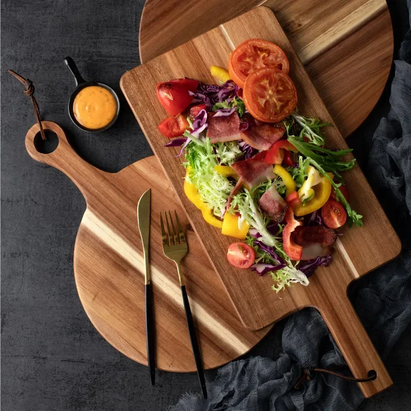 

Acacia Wood Cutting Board with Handle,Round Pizza Paddle Chopping Block,Cheese Fruit Bread Charcuterie Holder Vegetables