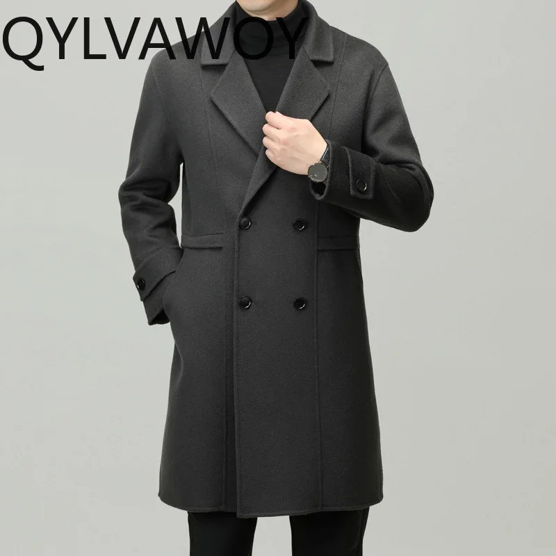 QYLVAWOY Fashion 100% Wool Coats Double-faced Mid-length Woolen Coat Business Casual Men Jackets High Quality Casacos Masculino