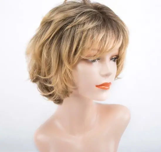 

Women Ombre Blonde Mix Brown Root Short Bob Full With Fringe Bangs Full Wigs