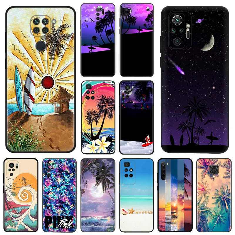 Matte Phone Cases For Redmi 9 9A 9C 9T K40 K60 A3 A2 A1 Plus Note 9s 8T 7 Pro A3X Beach Surfing Travel Tropical Black Soft Cover