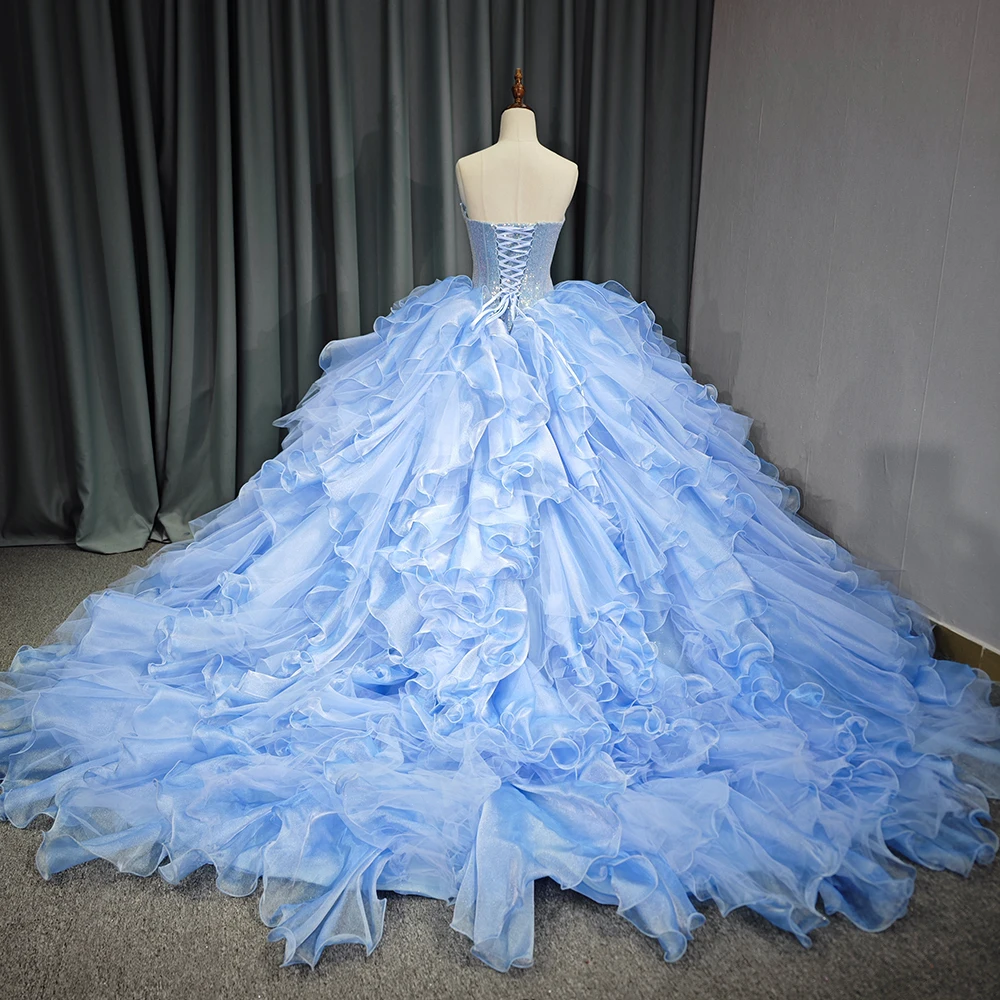 Sky Blue Princess Puffy Quinceanera Dresses Off Shoulder Lace Appliques Ball Gown Sweetheart 6617