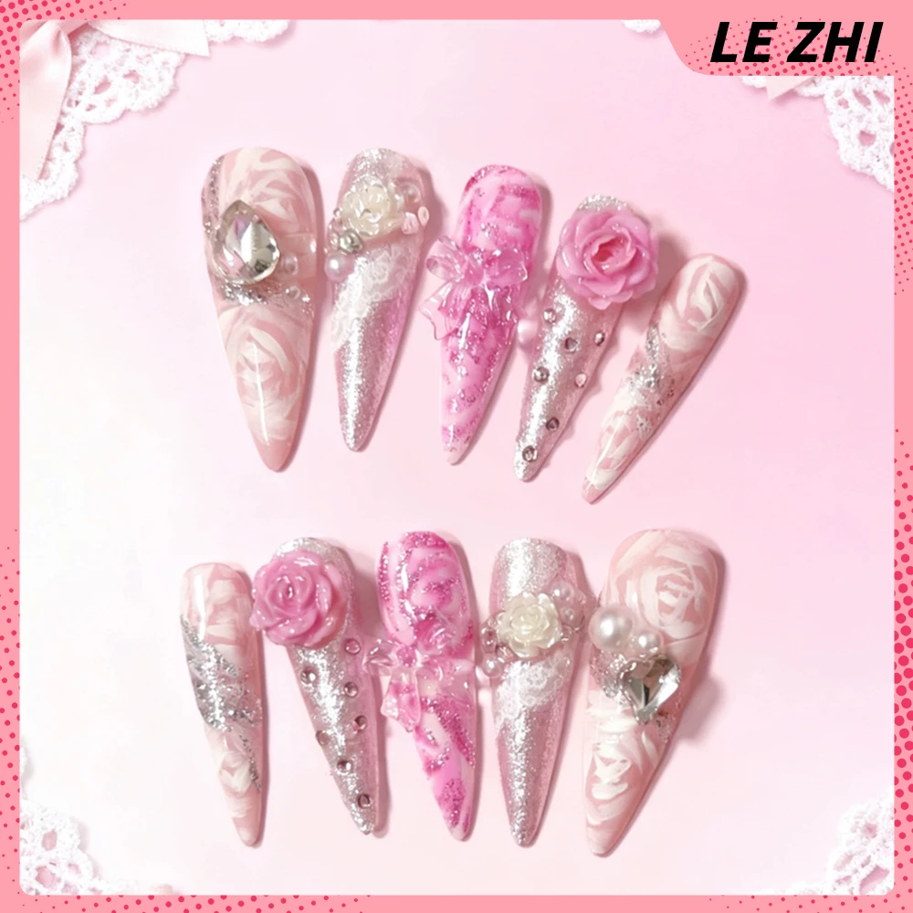 10Pcs Y2K Spice Girl Handmade Long Stiletto Wearable Press On Nail Cartoon Bear Bowknot Diamond Flower Pearl Ice Cream Fake Nail - view 2