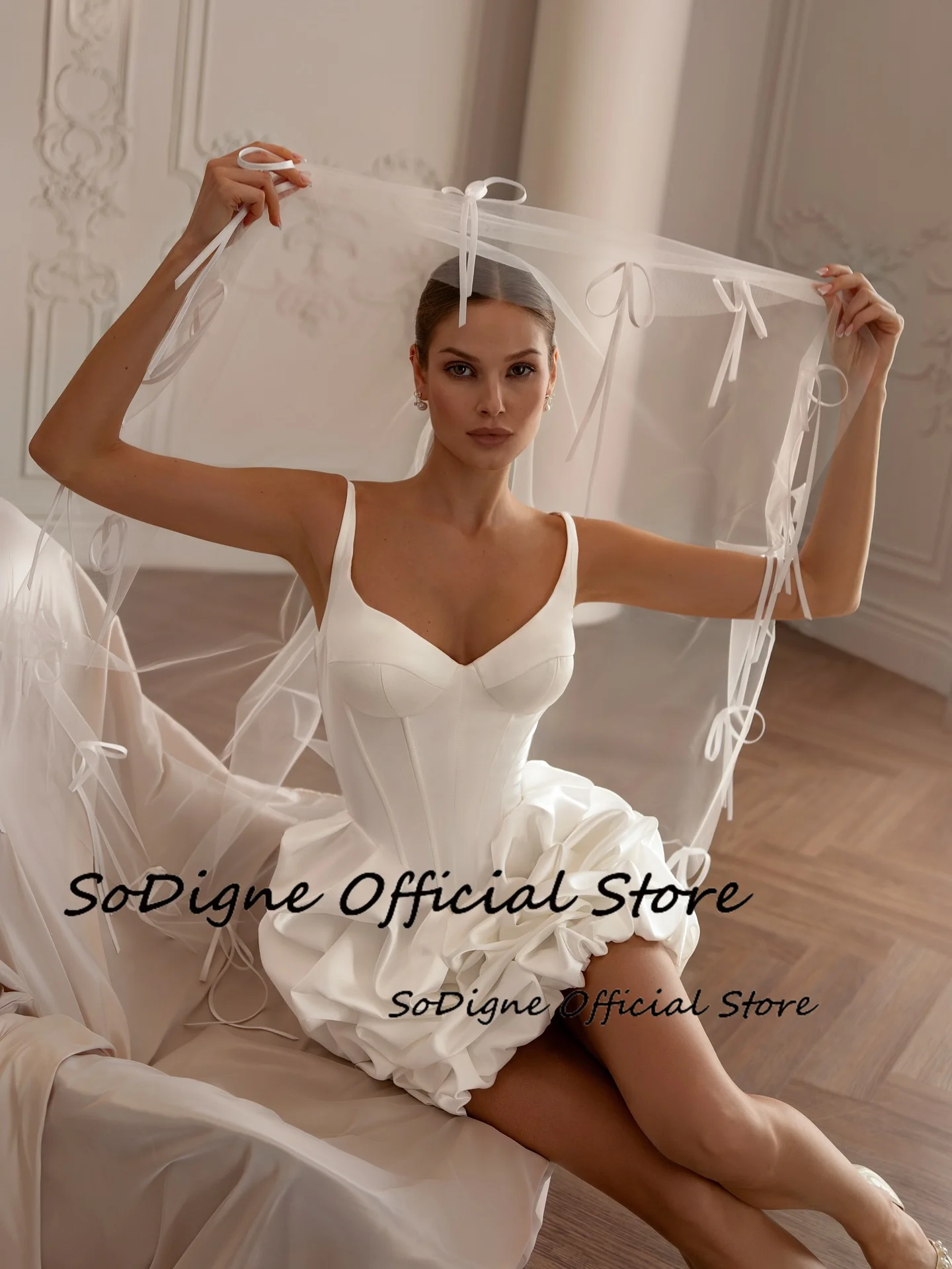 SoDigne A-line Mini Satin Wedding Dresses Sleeveless V-neck Pleat Bridal Dress Beach Wedding Gown Robe De Mairee Customized