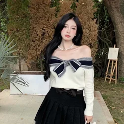 Lace-up Patchwork Off-shoulder Casual Sweater Womens Sexy Vintage Knitted Sweaters Pullover Female Skinny Elastic Bottom Sweater