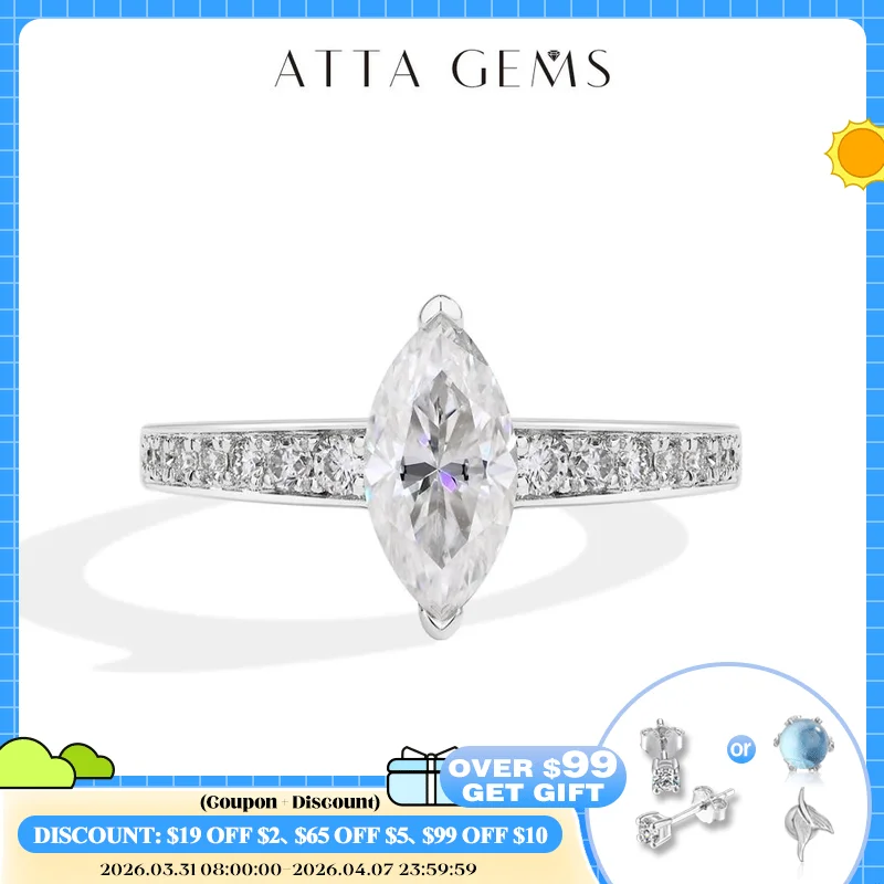 

ATTAGEMS 1.0CT Moissanite Ring for Women 5*10mm Marquise Cut Stone S925 Pure Silver Wedding Engagement Luxury Rings Fine Jewelry