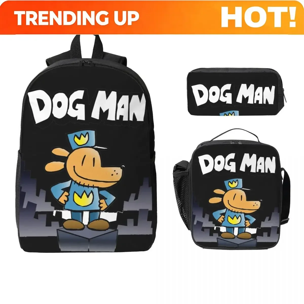 Custom Bag 3Pcs Dog Man Comic School Bags Set For Children Doggy Cartoon Pen Bags Backpack Sets With Lunch Box For School Studen