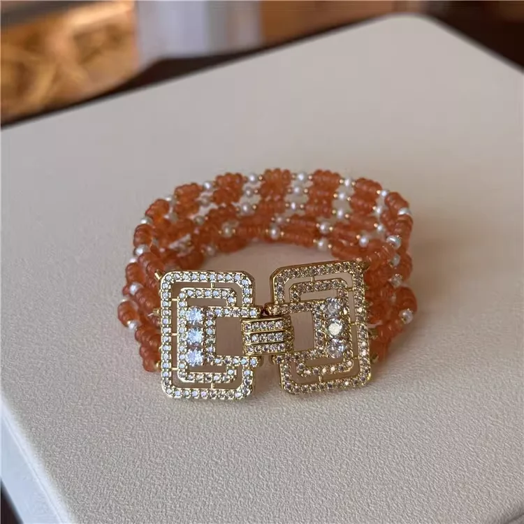 Natural Freshwater Pearl With Orange Jade  Zircon 6 Layer Bracelet