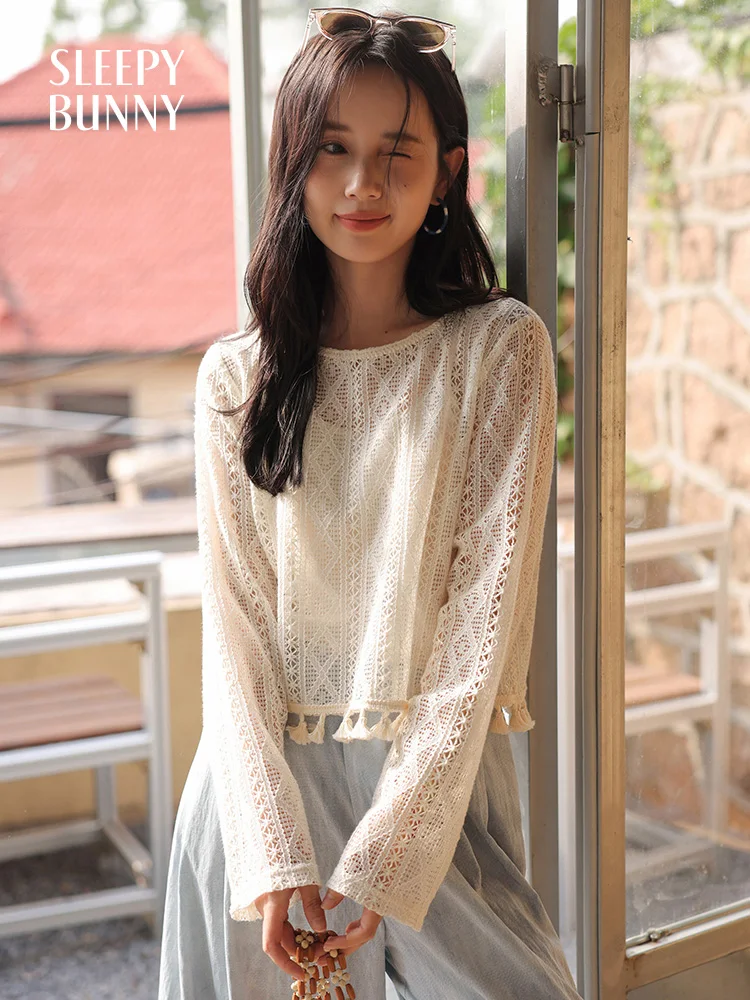 Lace Knit T-Shirt for Women Summer Hollow Out Crochet Top Loose Long Sleeve Tassel Blouse Sun Protection Beach Cover Up Shirt