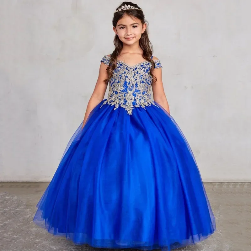 День рождения, банкетные платья принцессы, индивидуальные платья с цветочным узором для девочек, королевский синий, золотой узор, аппликации, без рукавов для свадьбы
