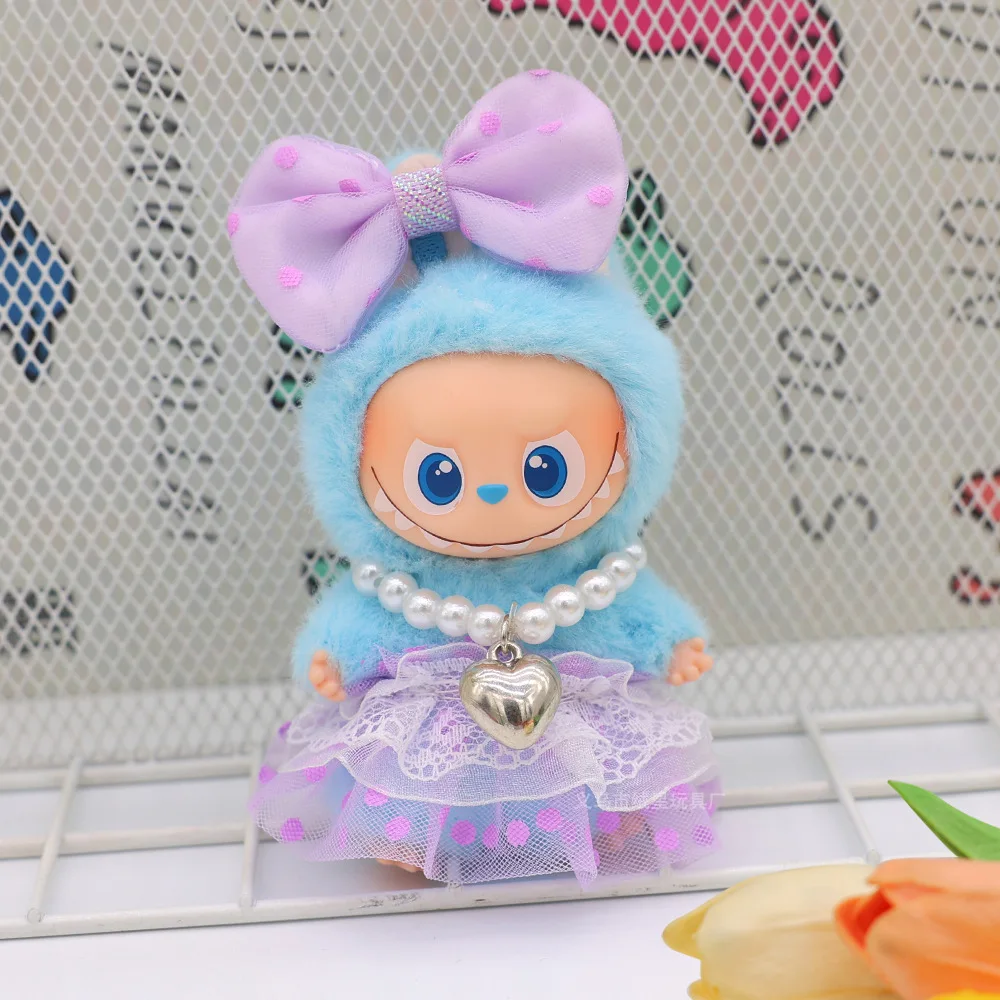 Vêtements de poupée pour poupées Labubu 4e génération 4.0, 10cm, jupe en Tulle à carreaux à pois avec nœud, accessoires pour cheveux, petit cadeau mignon