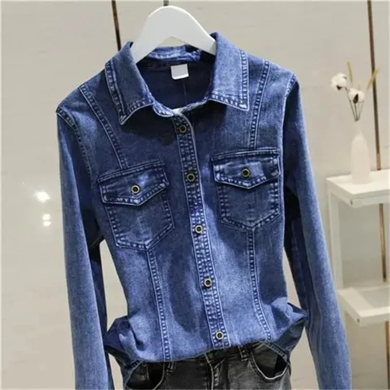 

Denim Shirt Women's Long Sleeved 2022 Spring New Korean Version Slim Fit And Versatile Base Top With Layered Thin Jacket