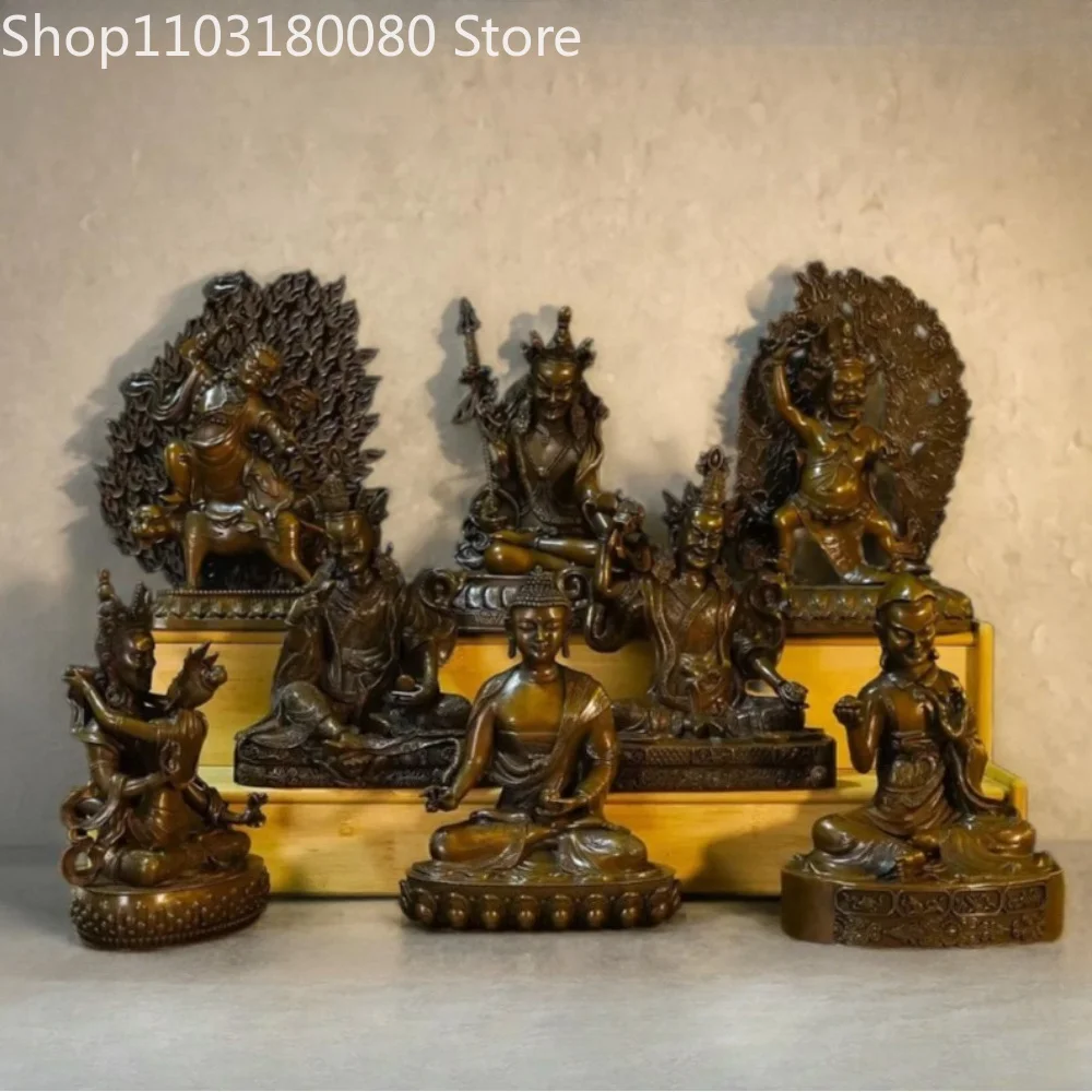 21cm 24cm Copper Vintage Orange Peel Texture Finish Guru Rinpoche Padmasambhava Eight Manifestations Statue Altar Sculpture