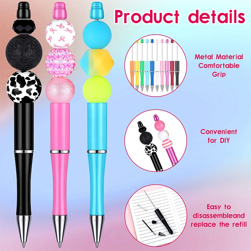 25 Pcs Beadable Pen Plastic Bead Ballpoint Pen Black Ink Beaded DIY Pens Cute Cool Pens for DIY Making Gift Kids Students