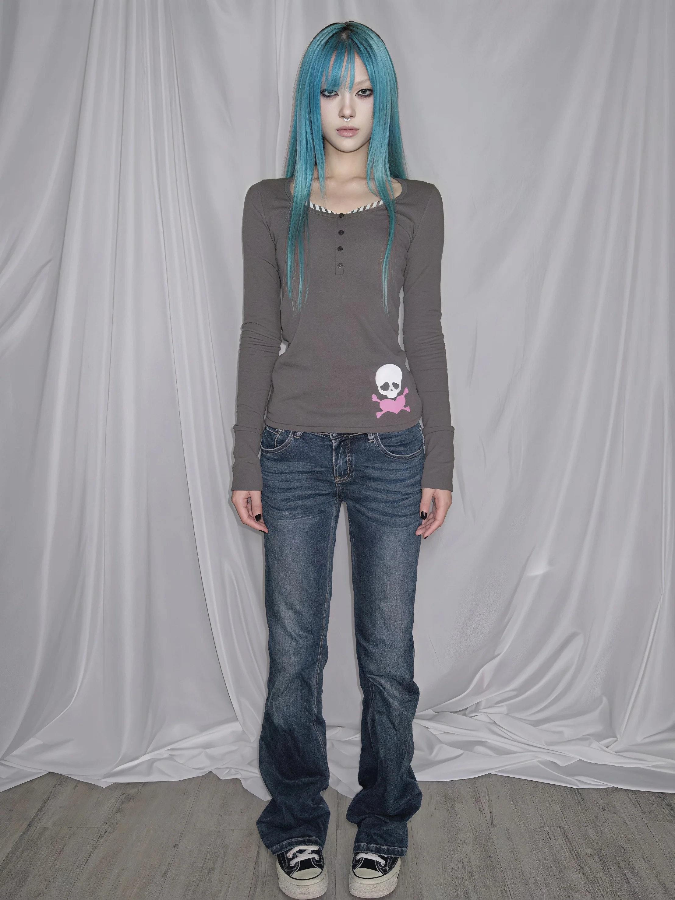 Damen Y2K Langarm-Oberteil, schmal geschnitten, gestreifter Kragen, Totenkopf-Herz-Print, Emo-Punk, enganliegende Bluse, T-Shirt – Detail 7