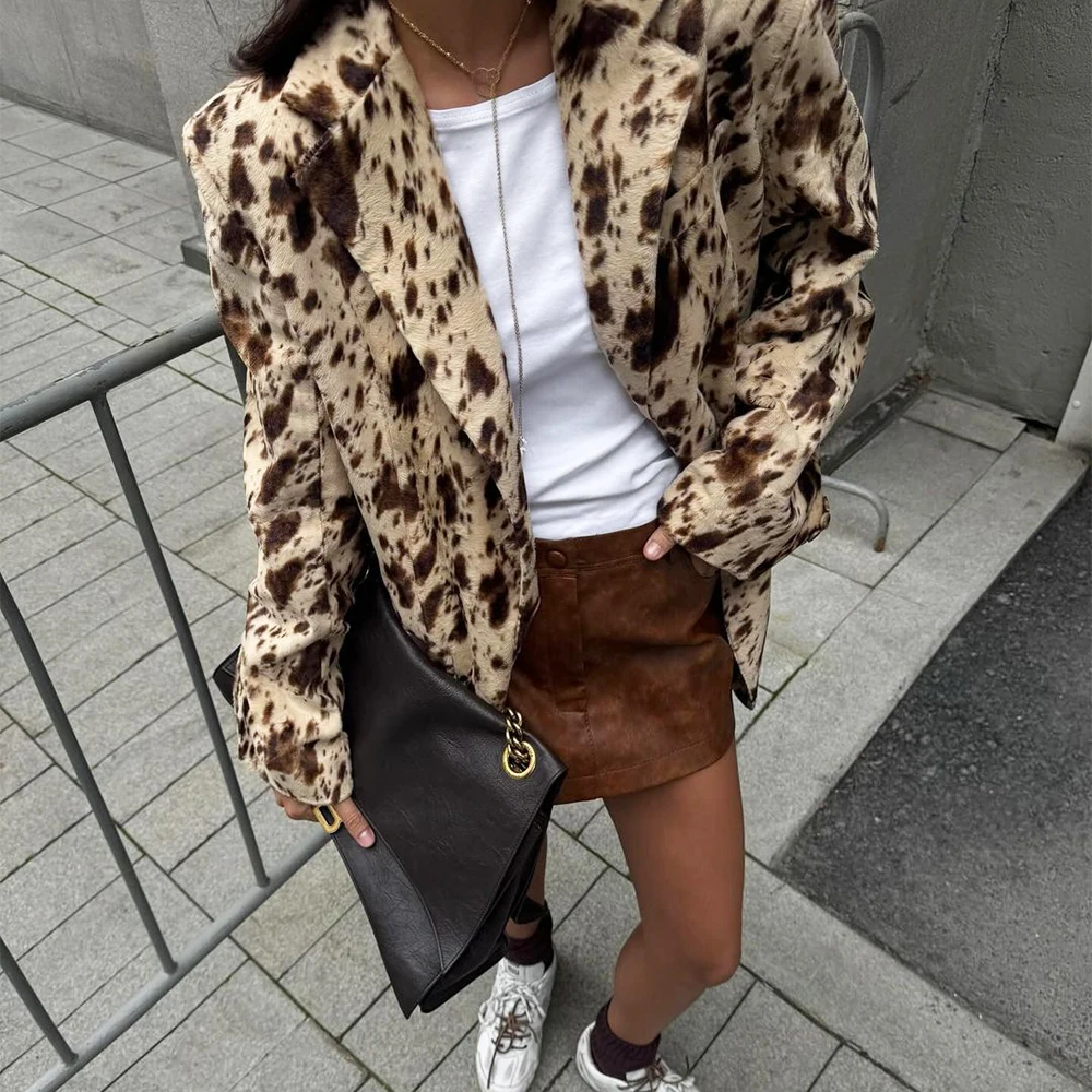 Talenza Women's Blazer New Printed Long Sleeve Fashion Casual Lapel Blazer Office Leopard Print Retro Loose Button Street Jacket