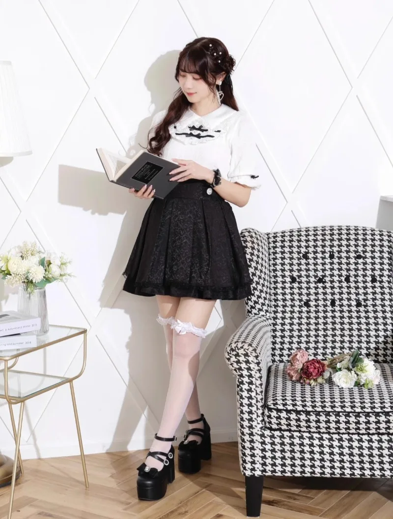 Japanese Rojita Comfortable Mine Girl Dark Pattern Back Big Bow Lantern Short Mini Skirt Y2k Clothes Black High-waisted Skirts