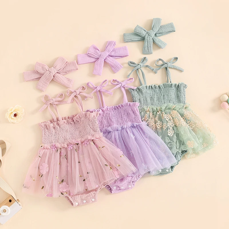 

2024-04-08 Lioraitiin Baby Girls Romper Dress Tie-Up Spaghetti Strap Flower Embroidered Mesh Skirt Hem Bodysuits with Headband