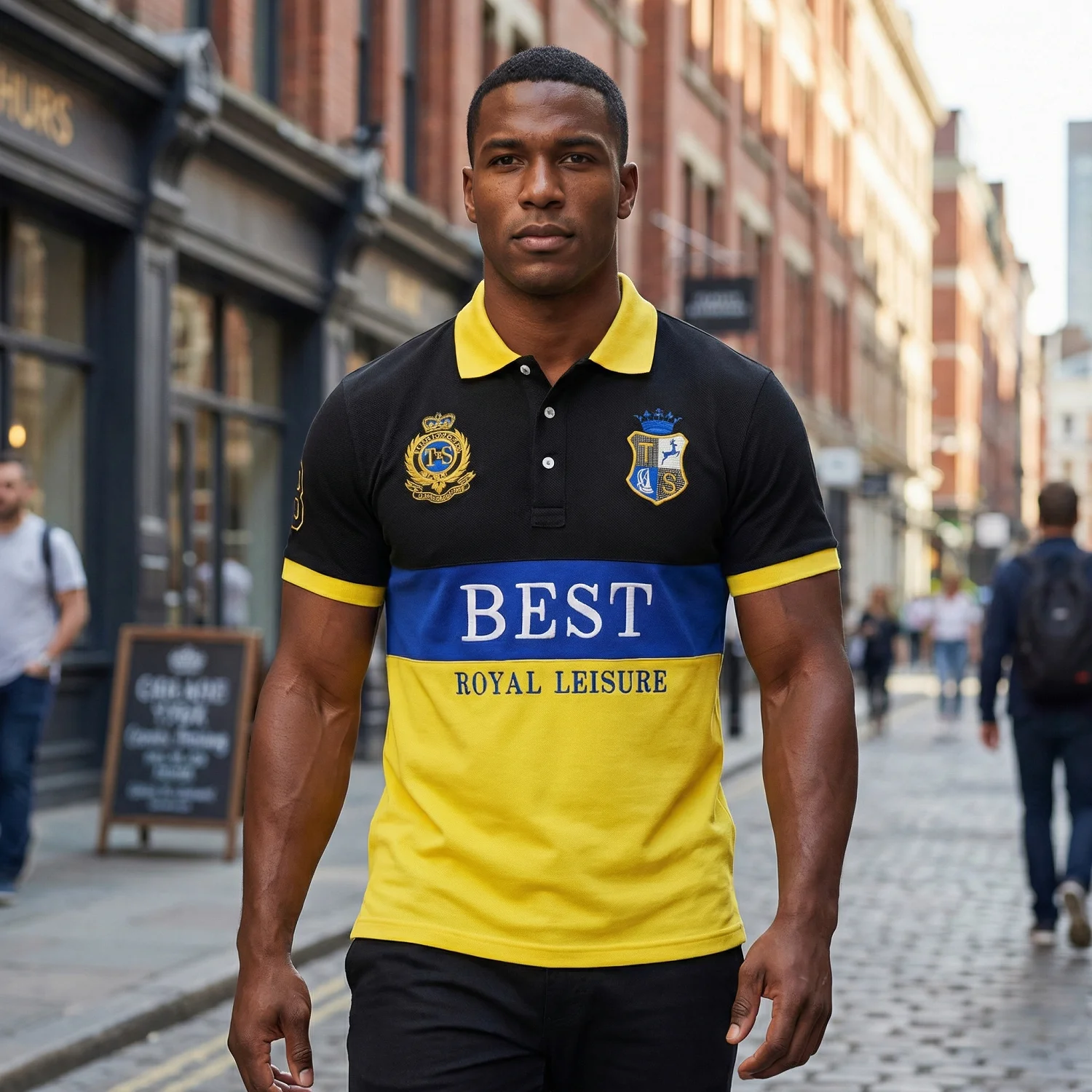 Neues Poloshirt für Herren, Stickerei, Patchwork, Farbkontrast, schlank, klassisch, modisch, originelles Design, Polokragen, reine Baumwolle, atmungsaktiv