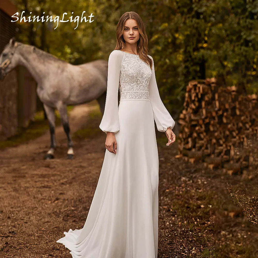 

ShiningLight Summer Beach Wedding Dresses Long Sleeves Chiffon Boho Bridal Gowns Scoop Neck Sweep Train Vestido Novia Customized