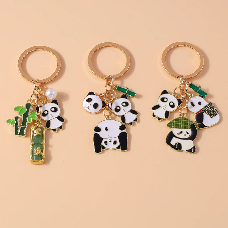 Lovely Enamel Panda Keychain Bamboo Keyring for Men Women Car Key Holder Handbag Pendant DIY Handmade Jewelry Gift