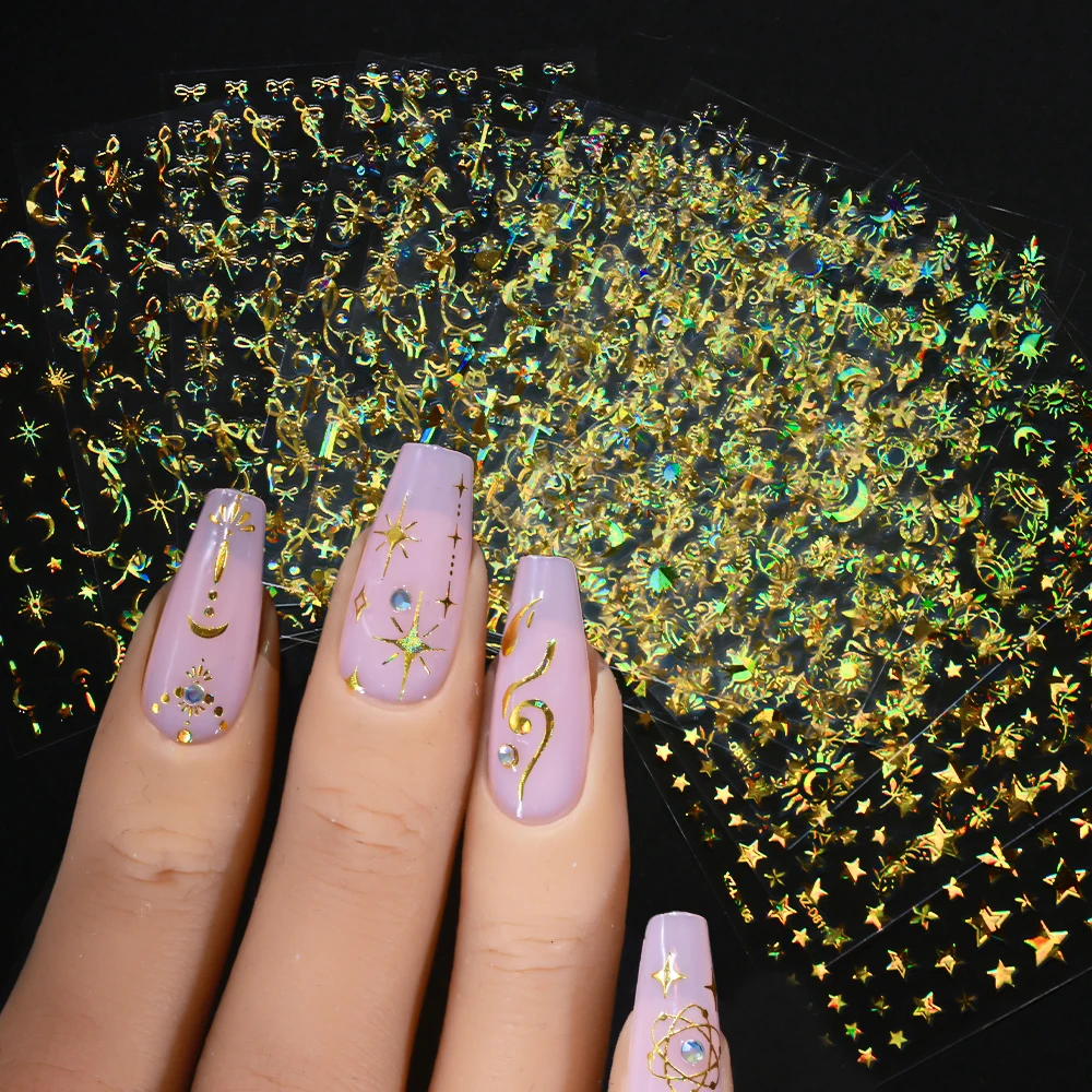 

12pcs 3D Laser Gold Bowknot Star Nail Stickers Holo Star Moon Sun Bohemia Style Nail Slider Decals Shining Manicure Decoration_