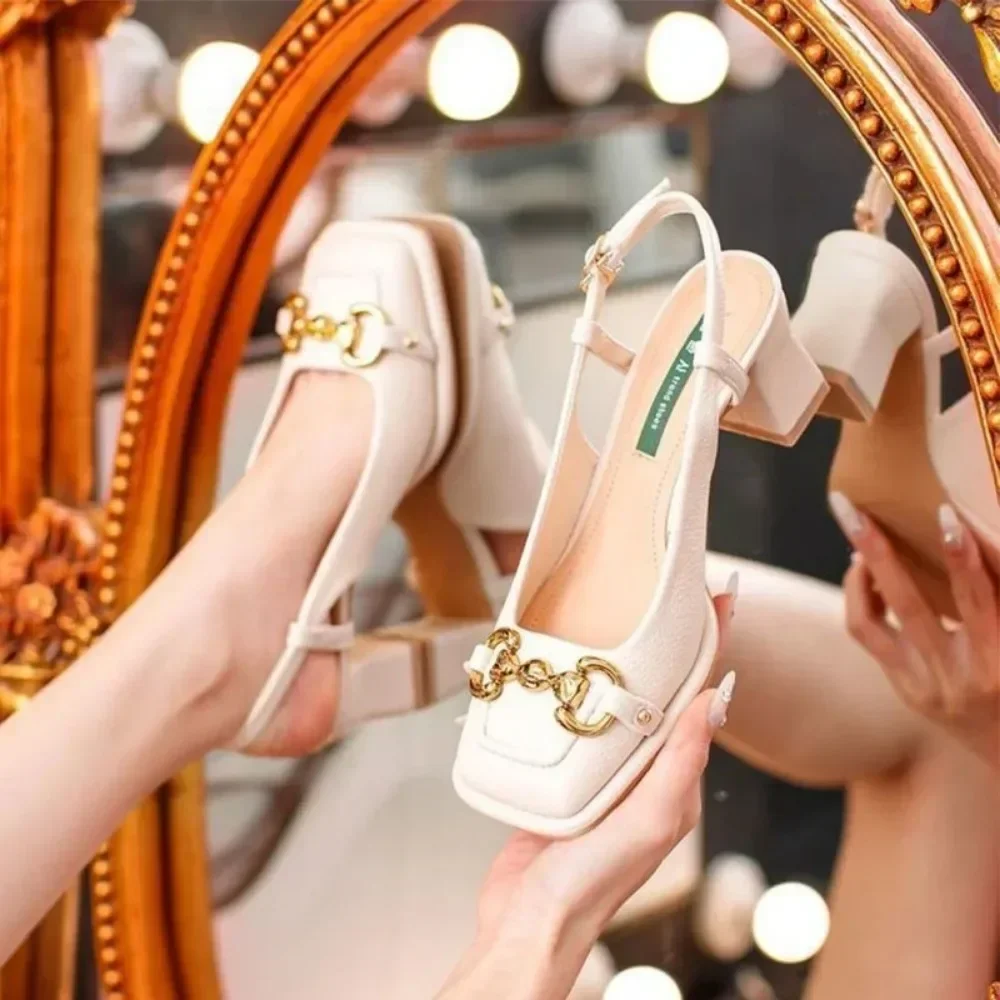 sandals Women Mid-heel 5.5CM 2025 new Summer French Style Back Empty Female Thick high Heels Square Toe Mary Jane Shoes